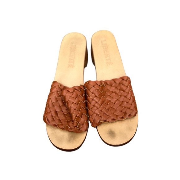 LIBERTÉ Santorini Leather Woven Cognac Mules Heeled Open Toe Sandals - Picture 10 of 14